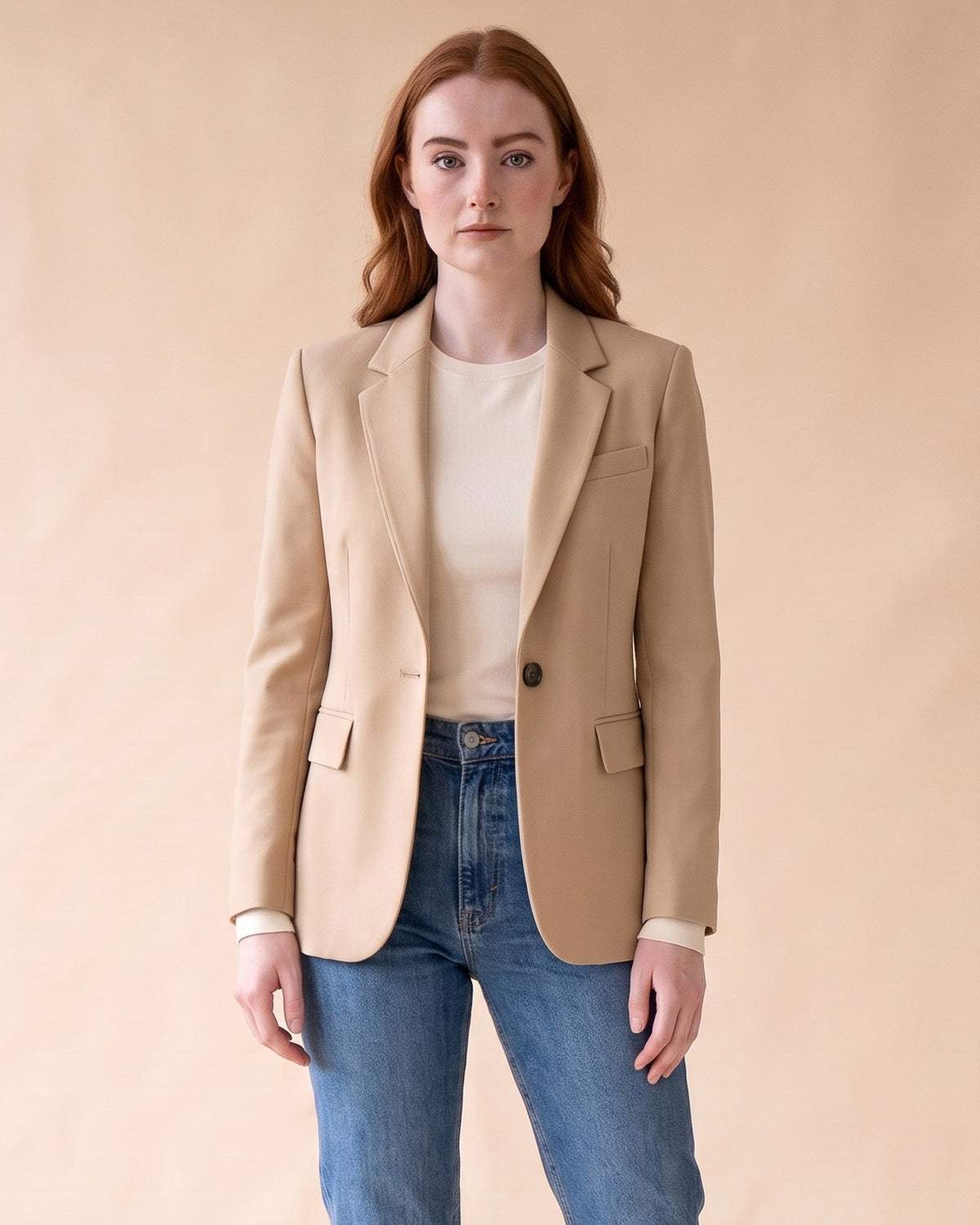 Classic Fitted Blazer in Beige, front view on model