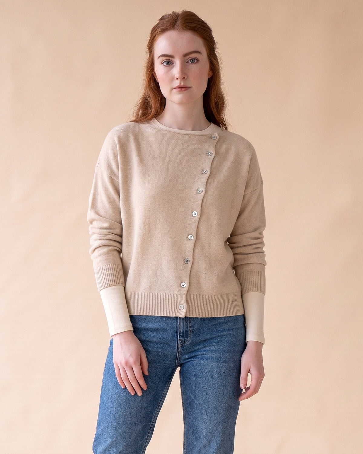 Asymmetric V-Neck Cardigan in Beige, front view on model