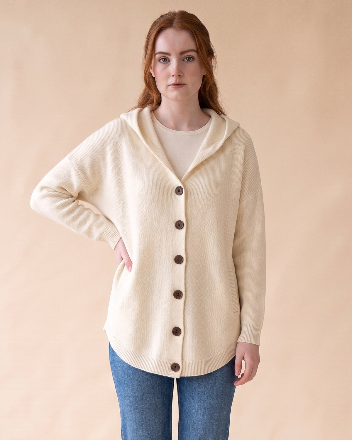 Hooded Button Cardigan in Beige, front view on model
