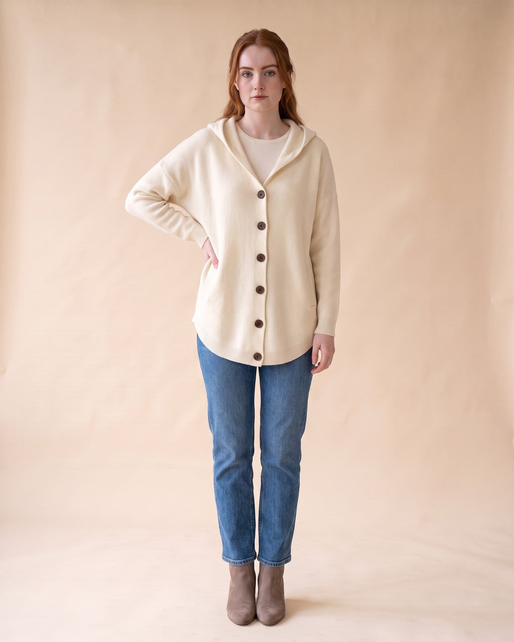 Hooded Button Cardigan in Beige, full-length front view on model