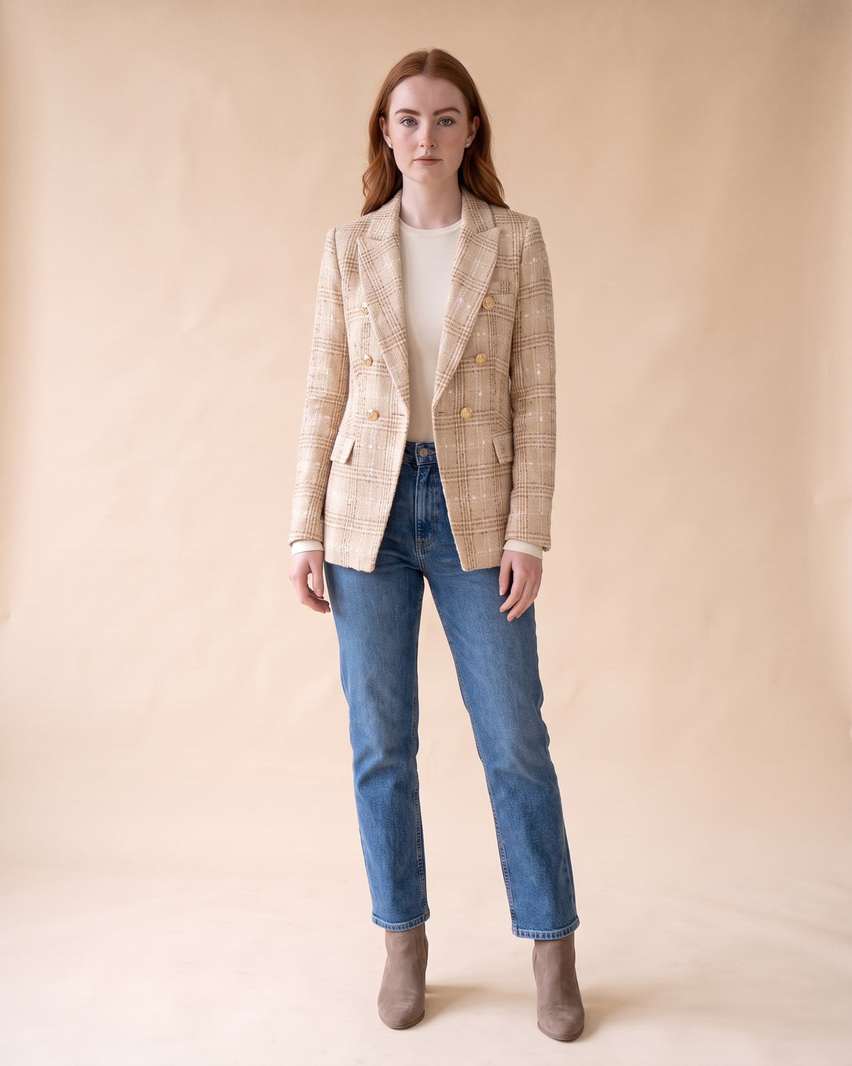 Plaid Tweed Blazer in Beige, full-length front view on model
