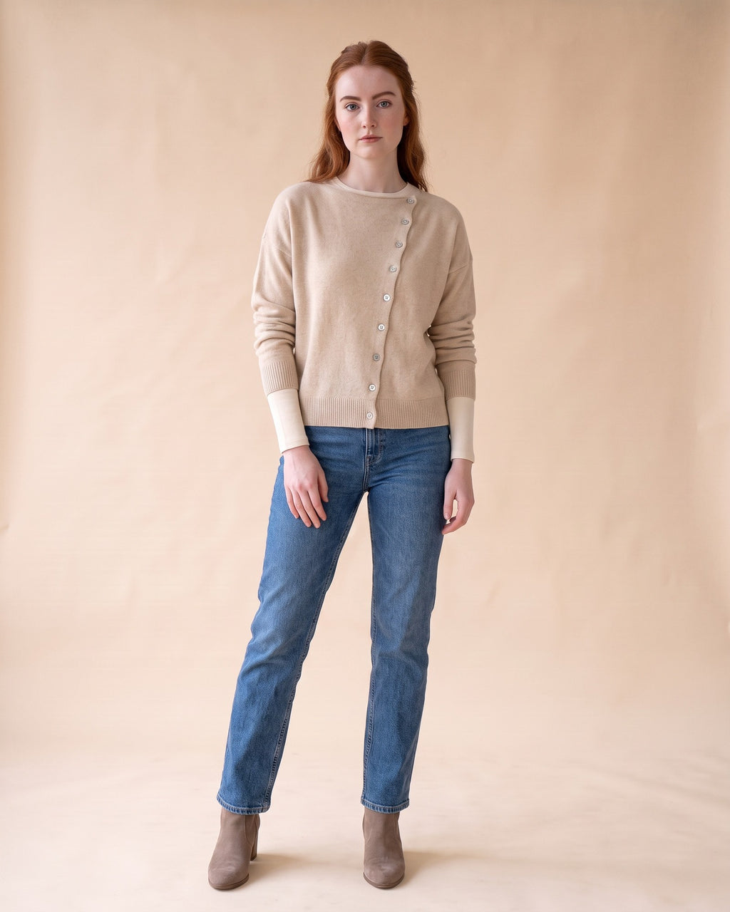 Asymmetric V-Neck Cardigan in Beige, full-length front view on model