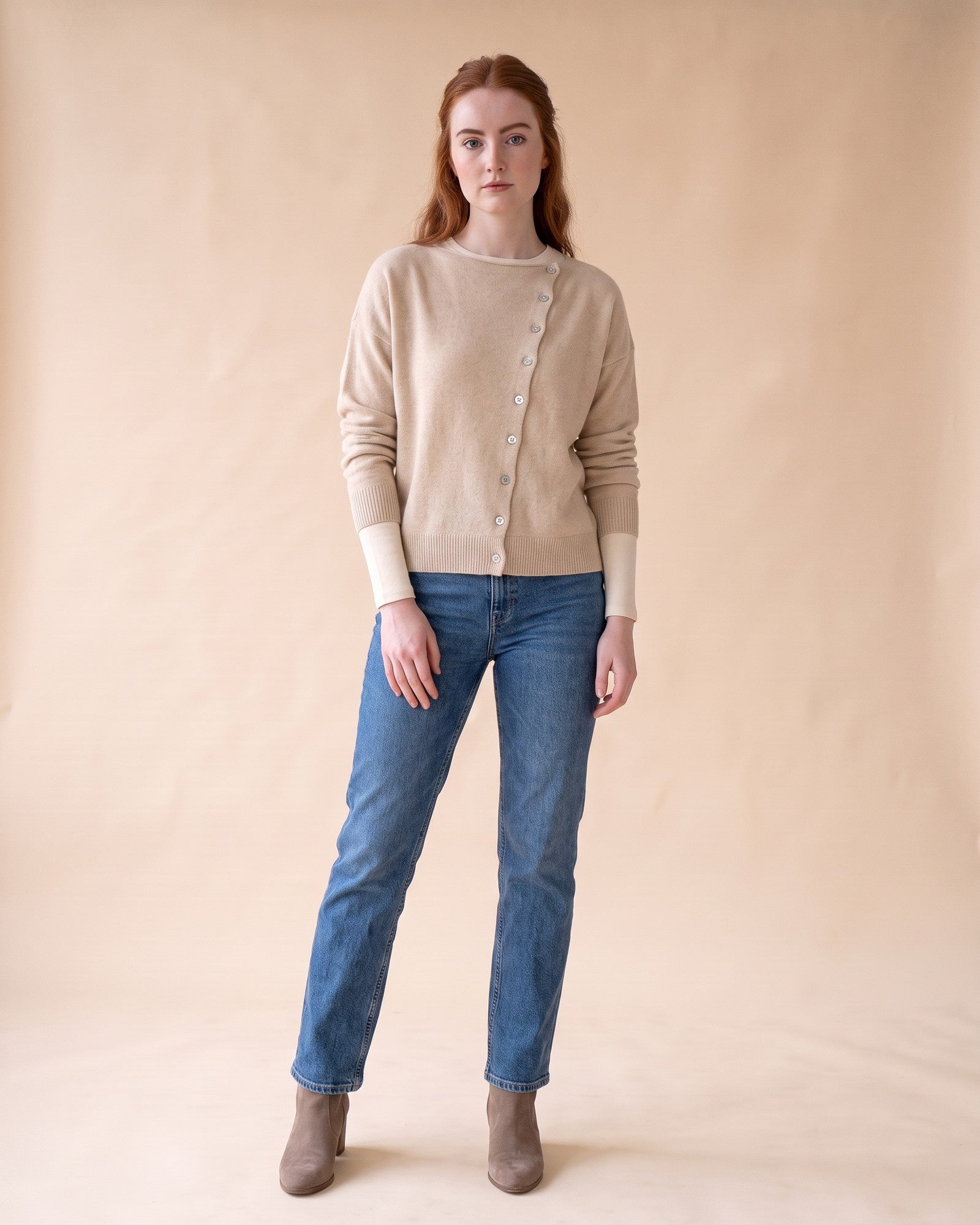 Asymmetric V-Neck Cardigan in Beige, full-length front view on model
