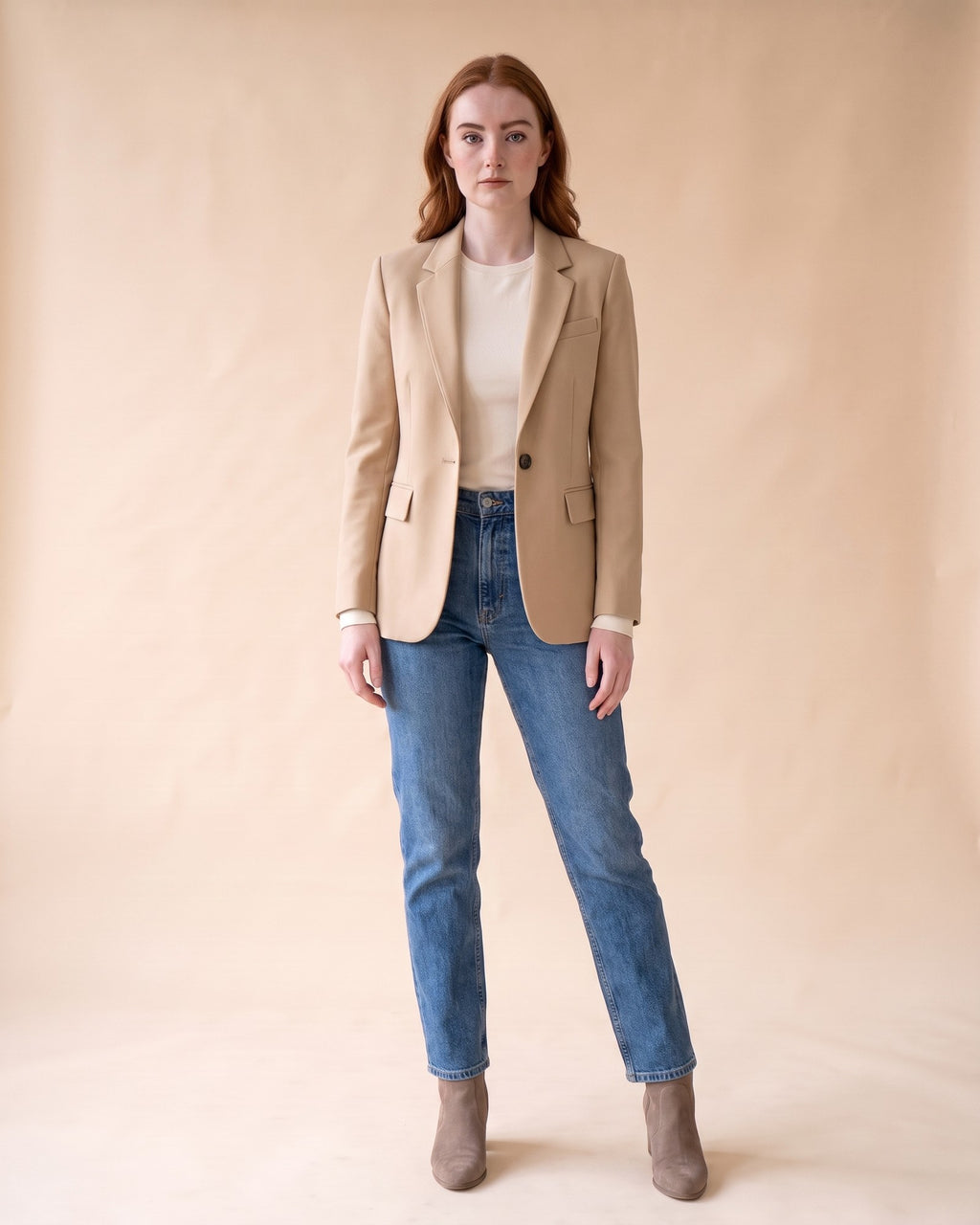 Classic Fitted Blazer in Beige, full-length front view on model