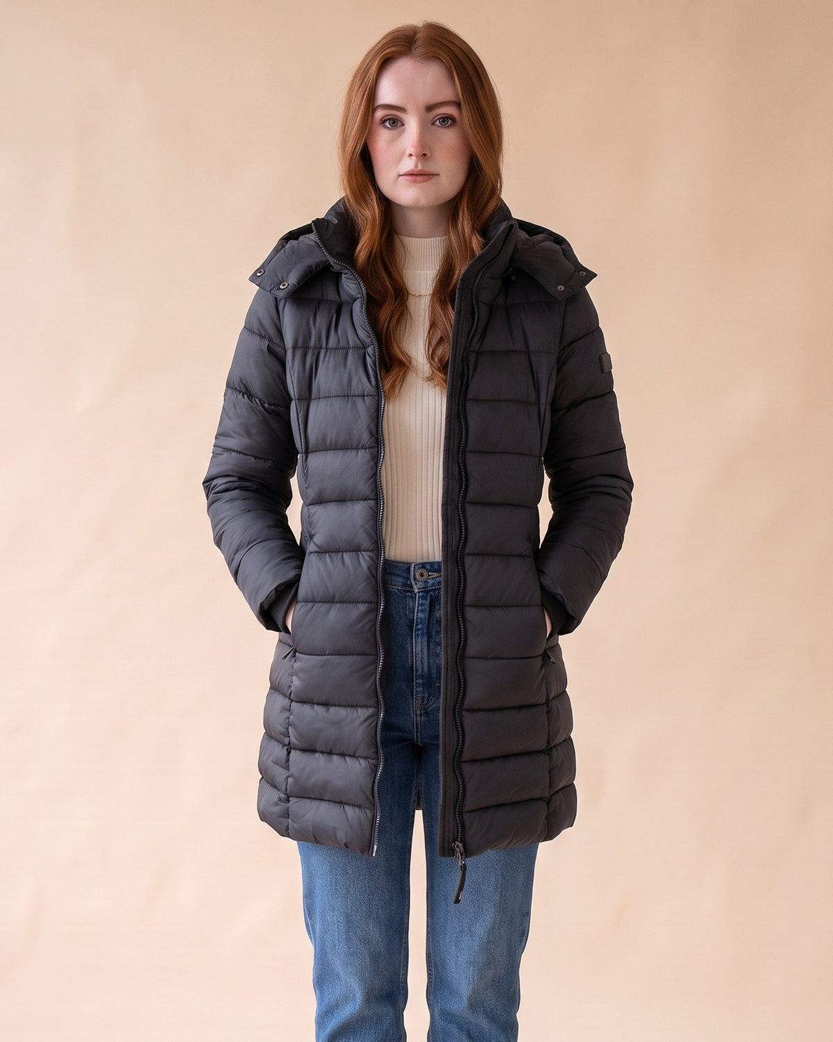 Long Quilted Puffer in Black, front view on model
