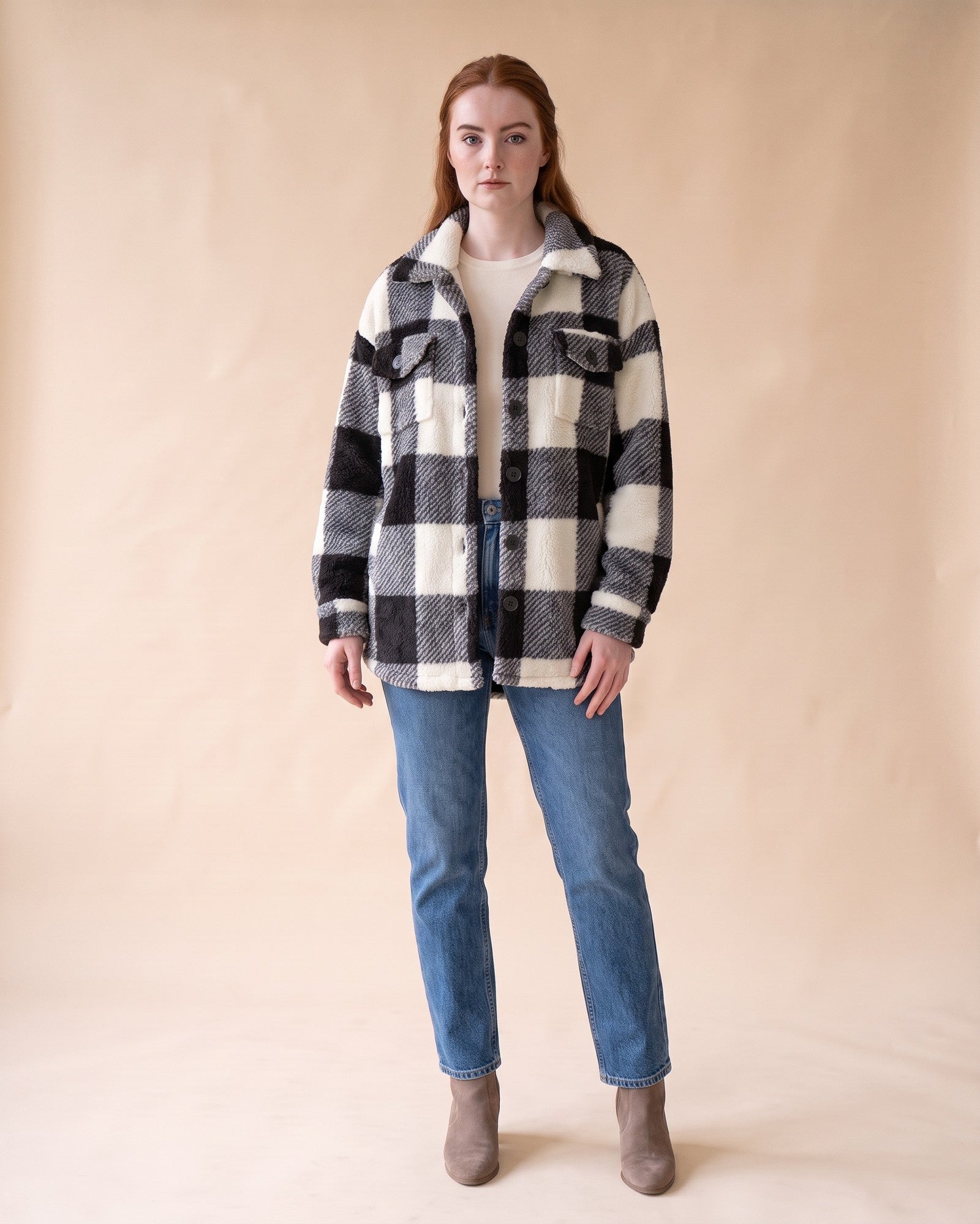 Plush Sherpa Shacket in Black, full-length front view on model