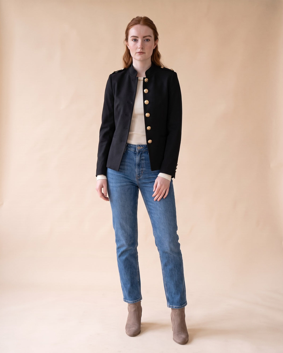 Military-Style Blazer in Black, full-length front view on model