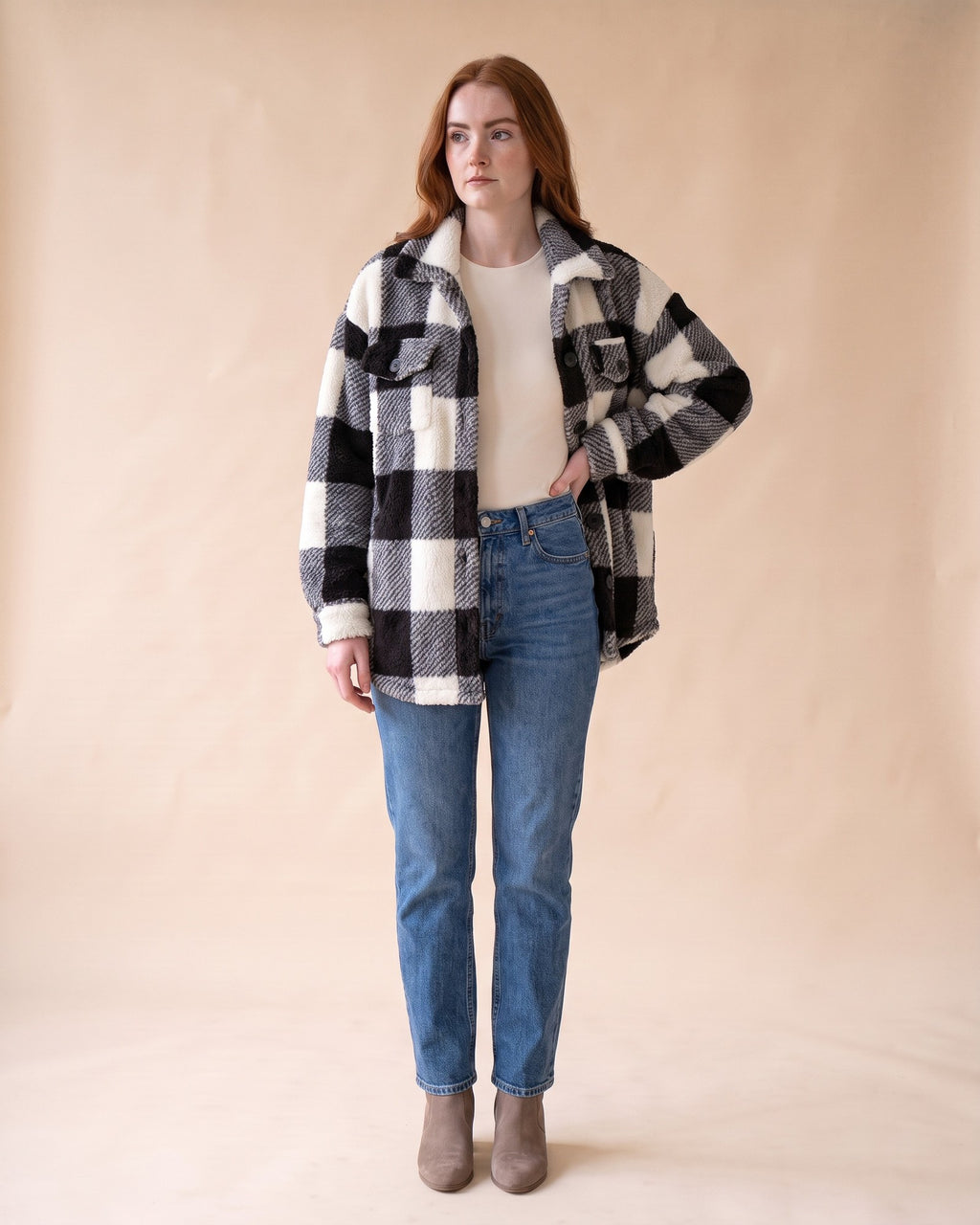 Plush Sherpa Shacket in Black, styled full-length view on model