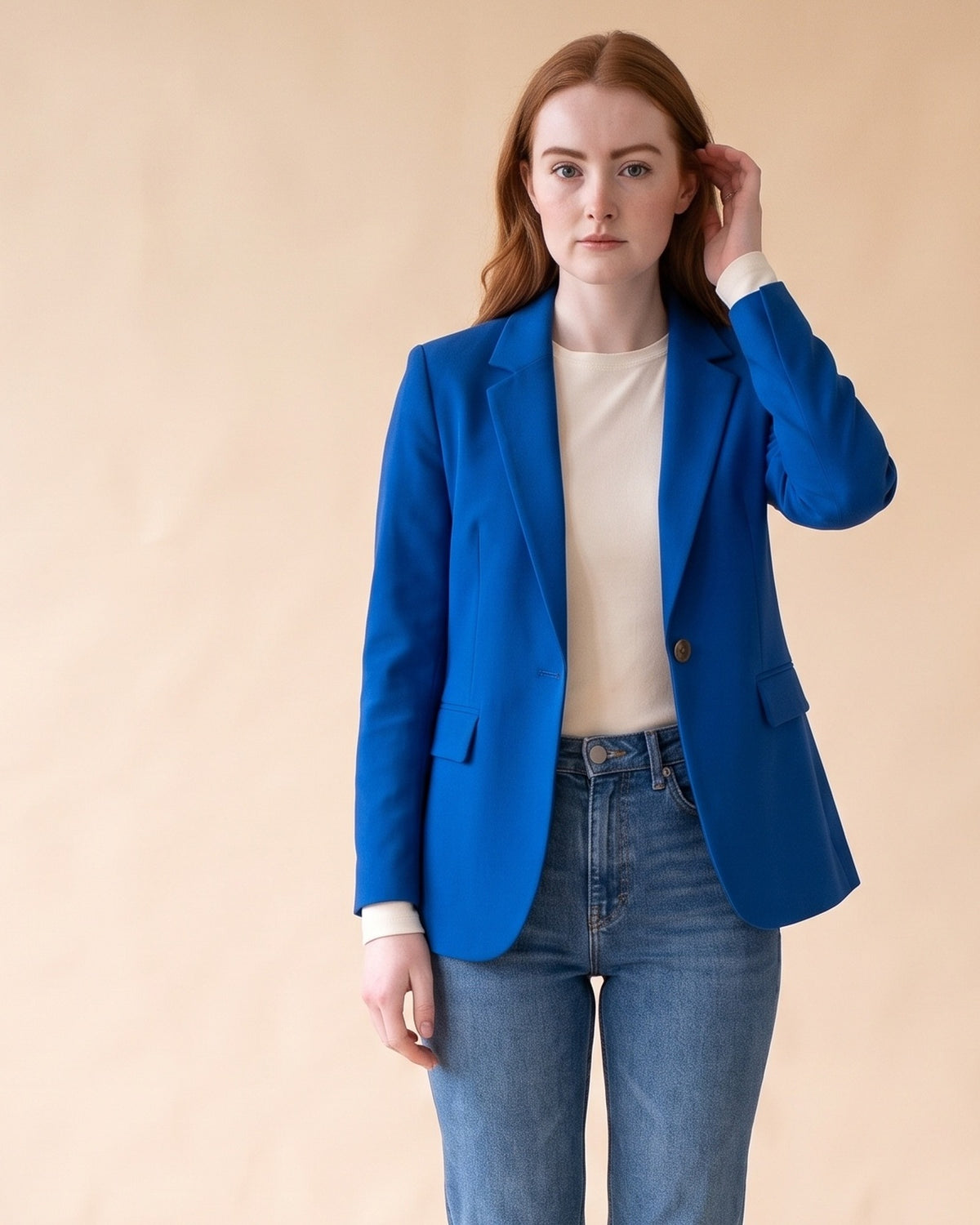 Classic Fitted Blazer in Blue, front view on model