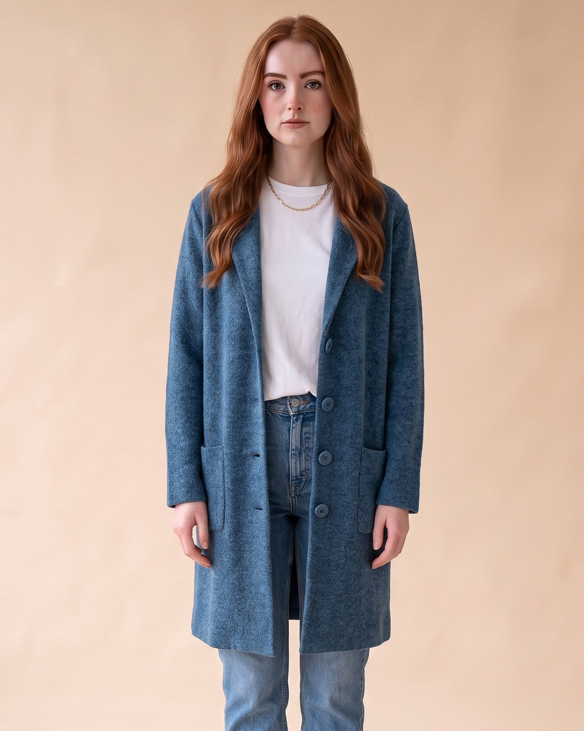 Notched Collar Cardigan in Blue, front view on model