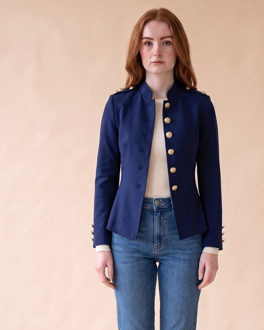 Military-Style Blazer in Blue, front view on model
