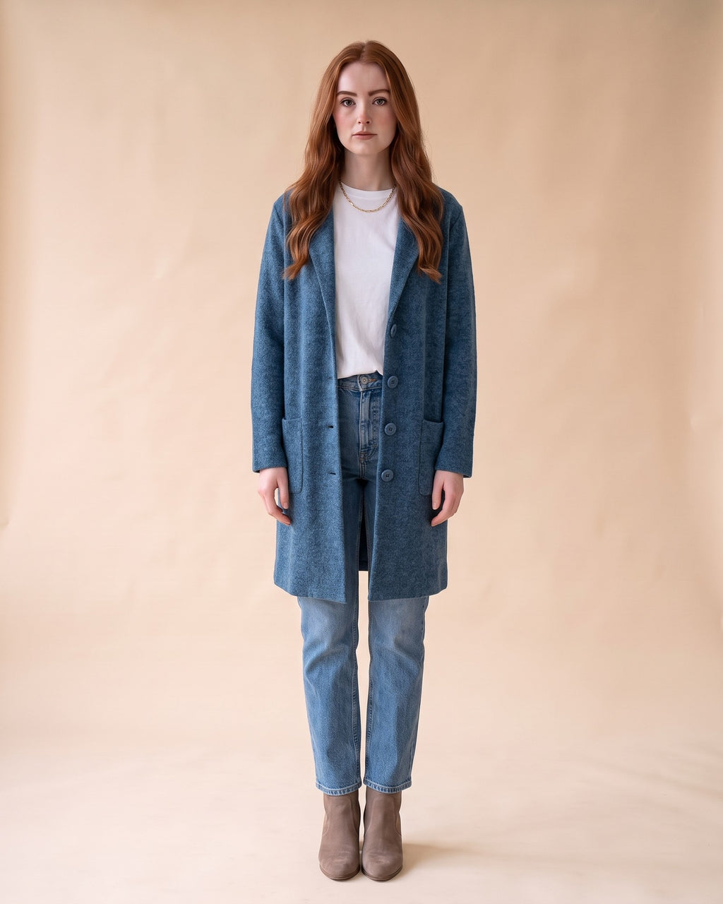 Notched Collar Cardigan in Blue, full-length front view on model