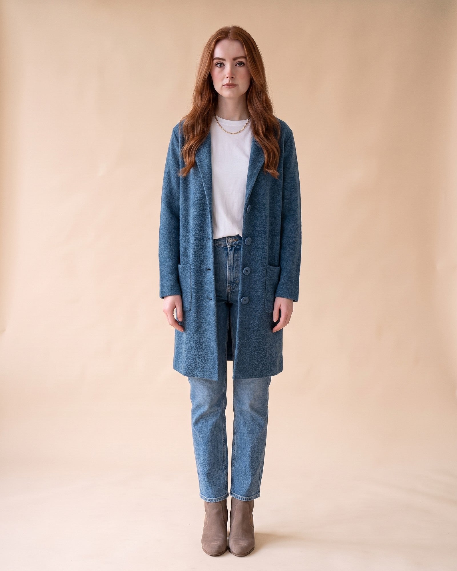 Notched Collar Cardigan in Blue, full-length front view on model
