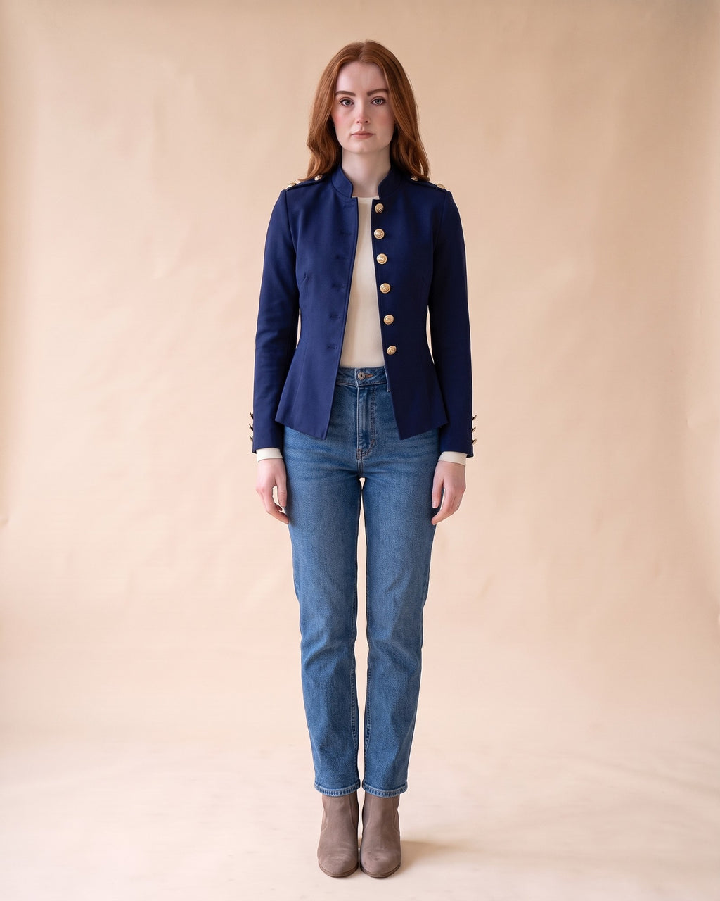 Military-Style Blazer in Blue, full-length front view on model