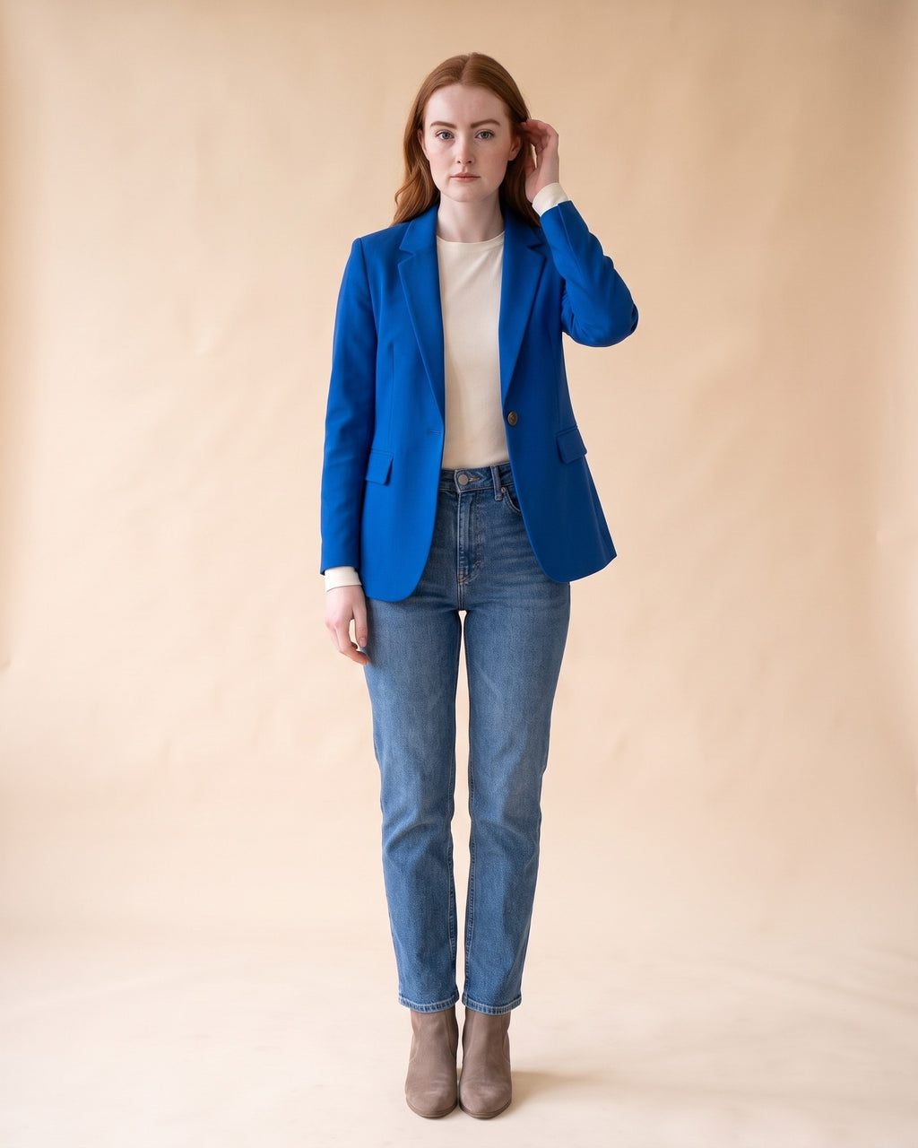 Classic Fitted Blazer in Blue, full-length front view on model