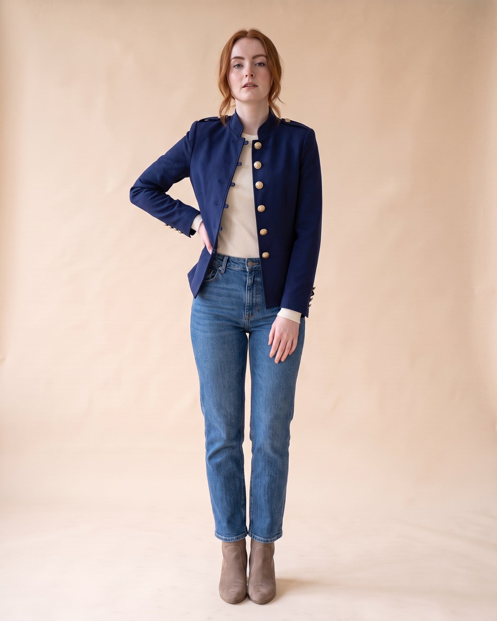 Military-Style Blazer in Blue, styled full-length view on model