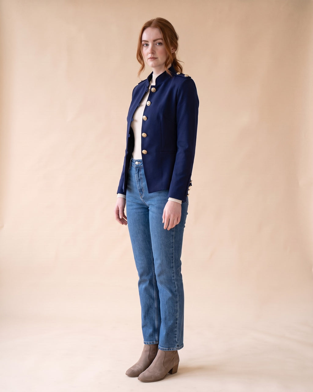 Military-Style Blazer in Blue, full-length side view on model