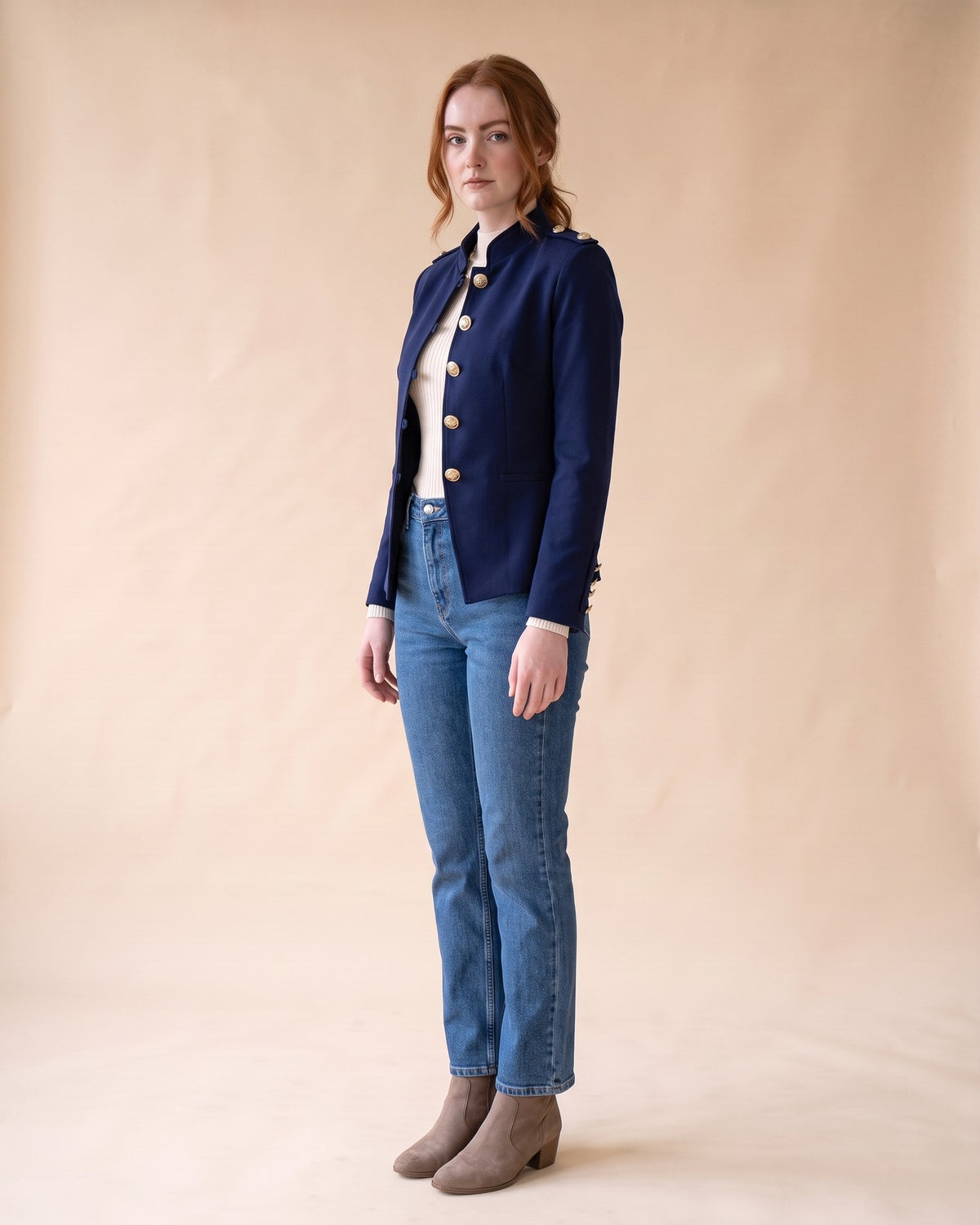 Military-Style Blazer in Blue, full-length side view on model