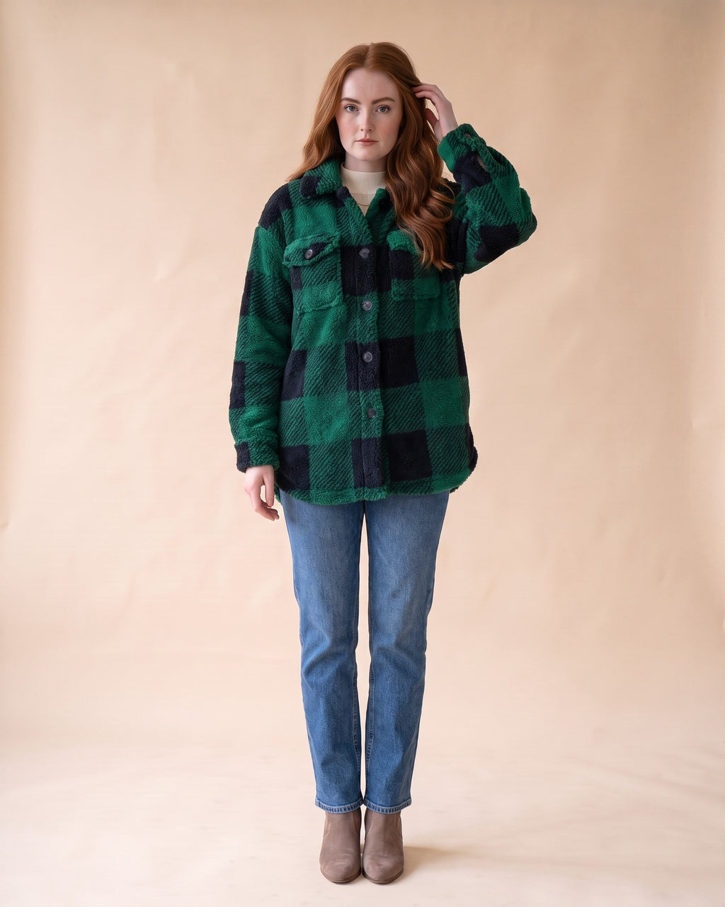 Plush Sherpa Shacket in Dark Green, full-length front view on model