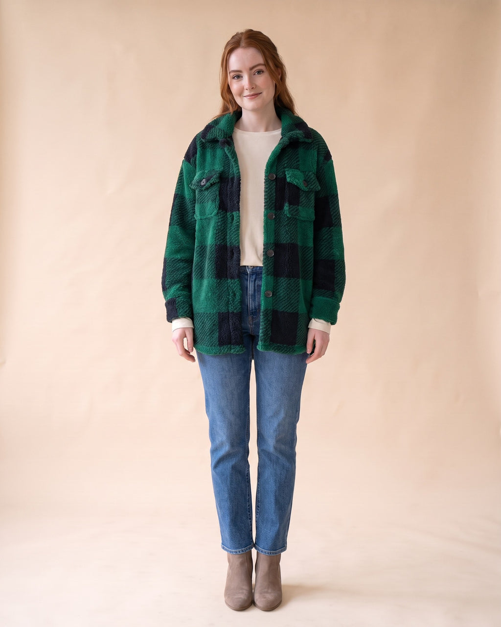 Plush Sherpa Shacket in Dark Green, styled full-length view on model