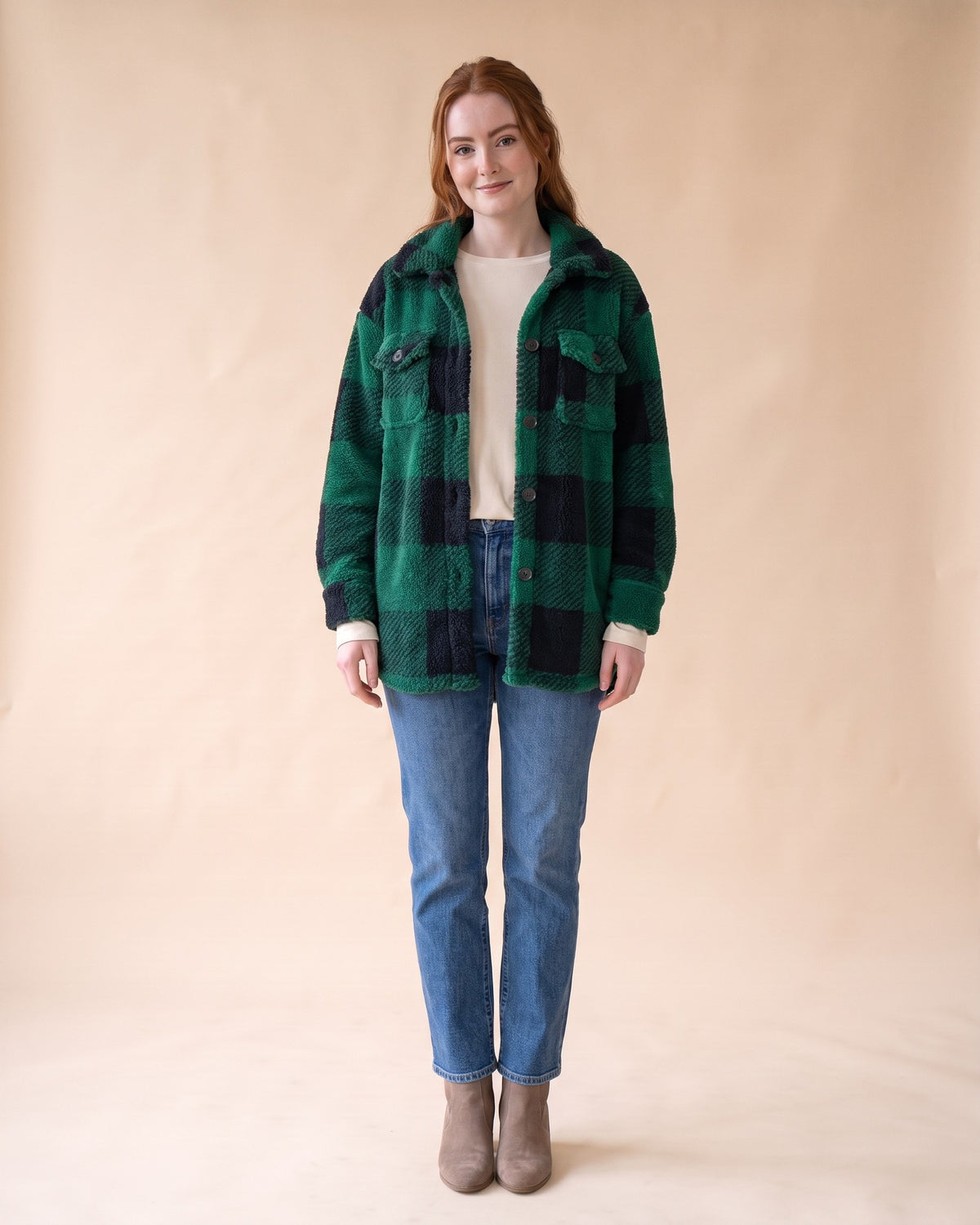 Plush Sherpa Shacket in Dark Green, styled full-length view on model