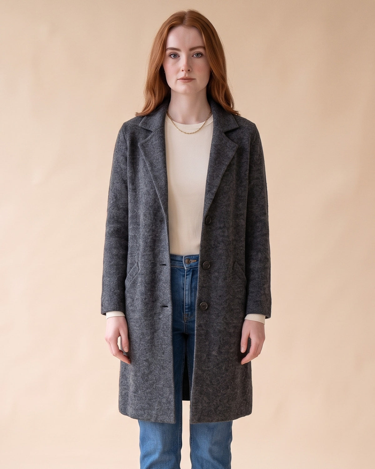 Notched Collar Cardigan in Dark Grey, front view on model