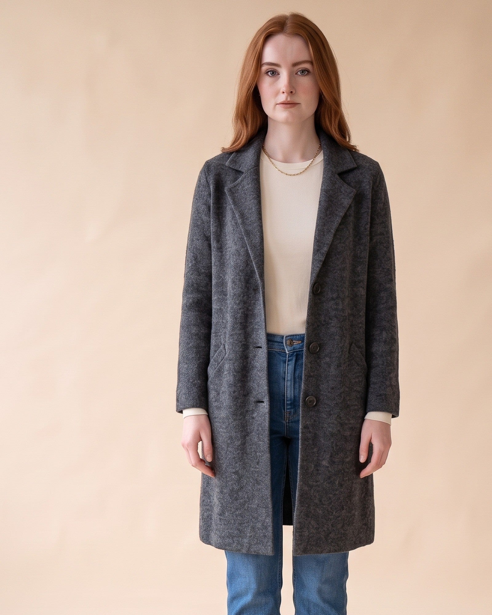 Notched Collar Cardigan in Dark Grey, front view on model