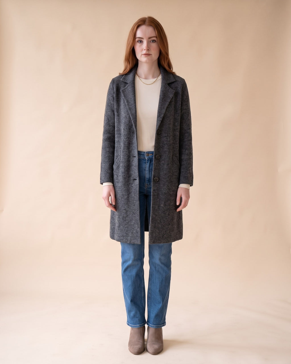 Notched Collar Cardigan in Dark Grey, full-length front view on model