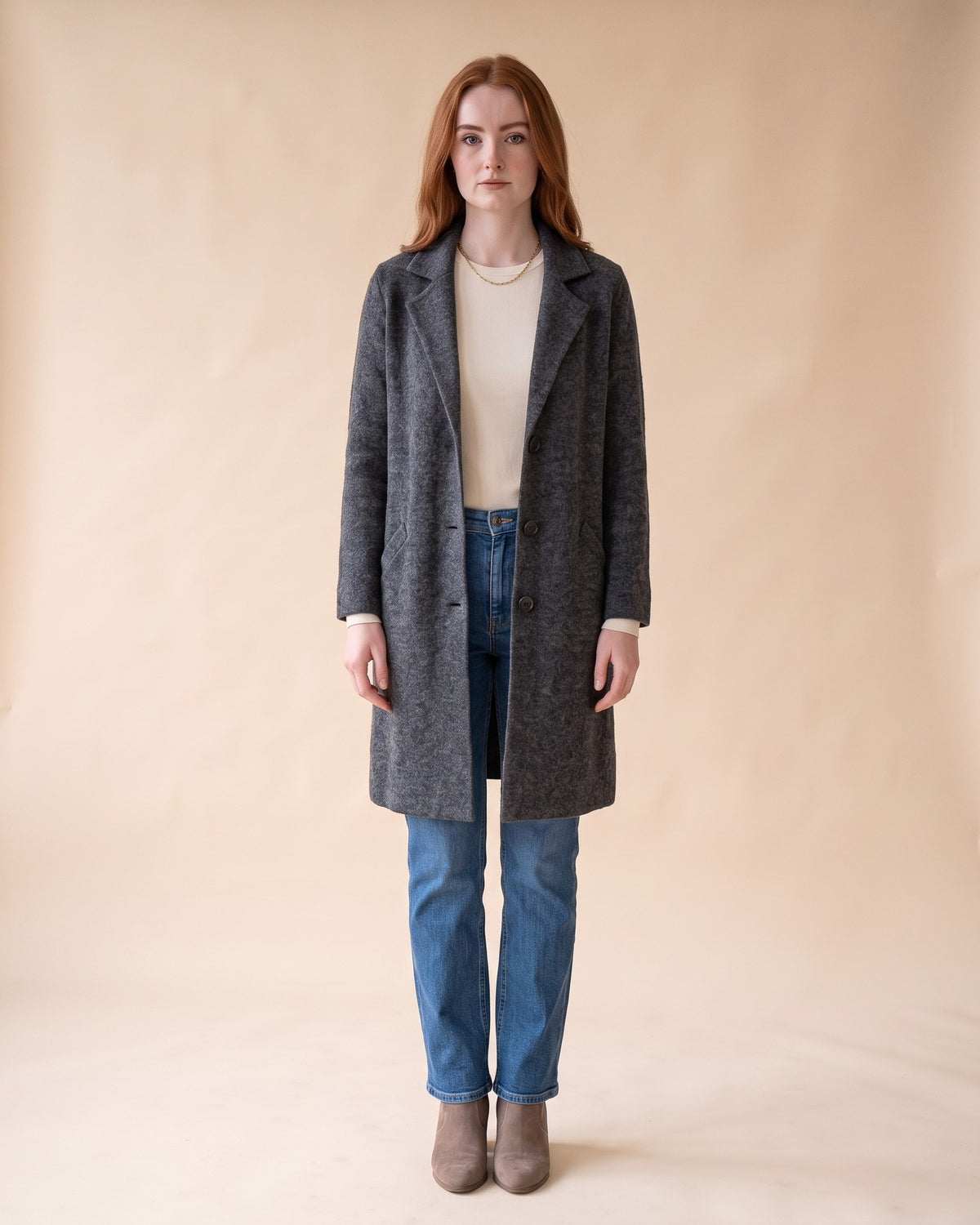 Notched Collar Cardigan in Dark Grey, full-length front view on model