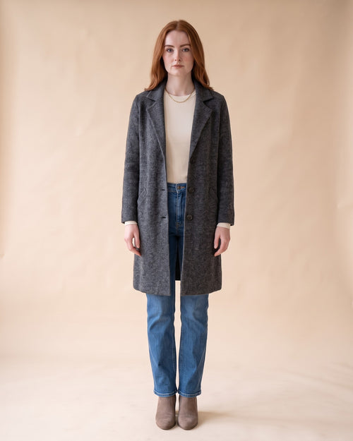 Notched Collar Cardigan in Dark Grey, full-length front view on model