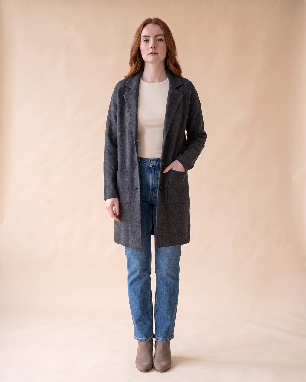 Notched Collar Cardigan in Dark Grey, styled full-length view on model