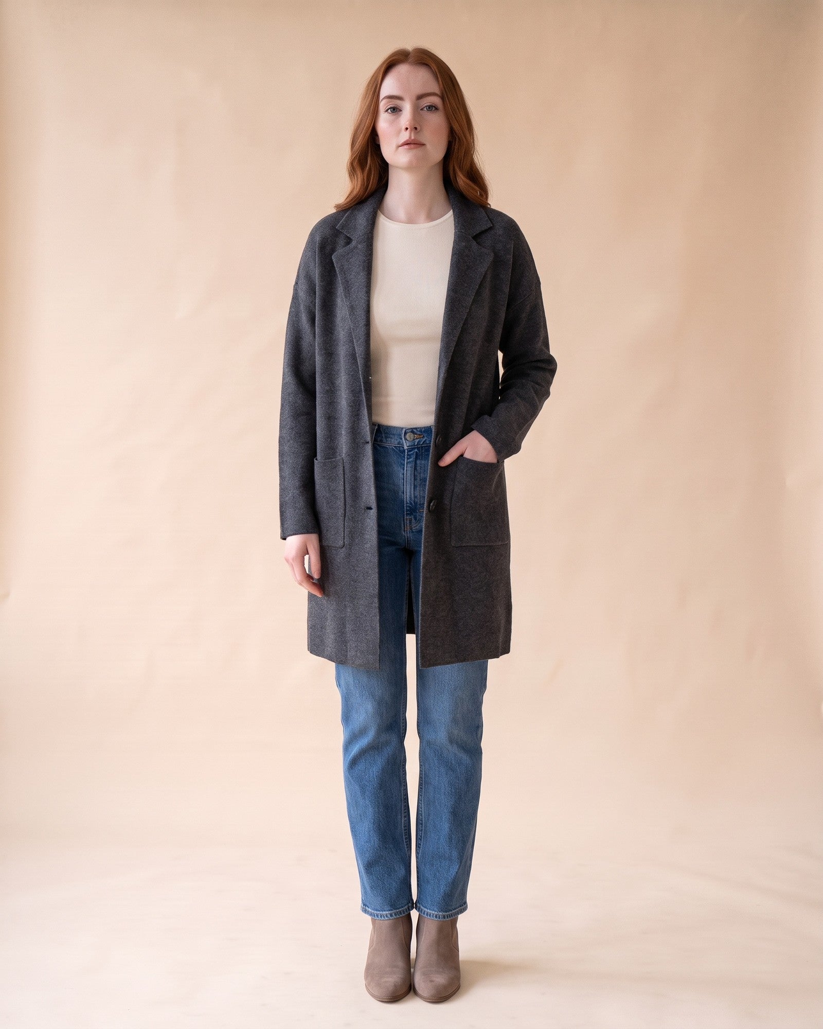 Notched Collar Cardigan in Dark Grey, styled full-length view on model