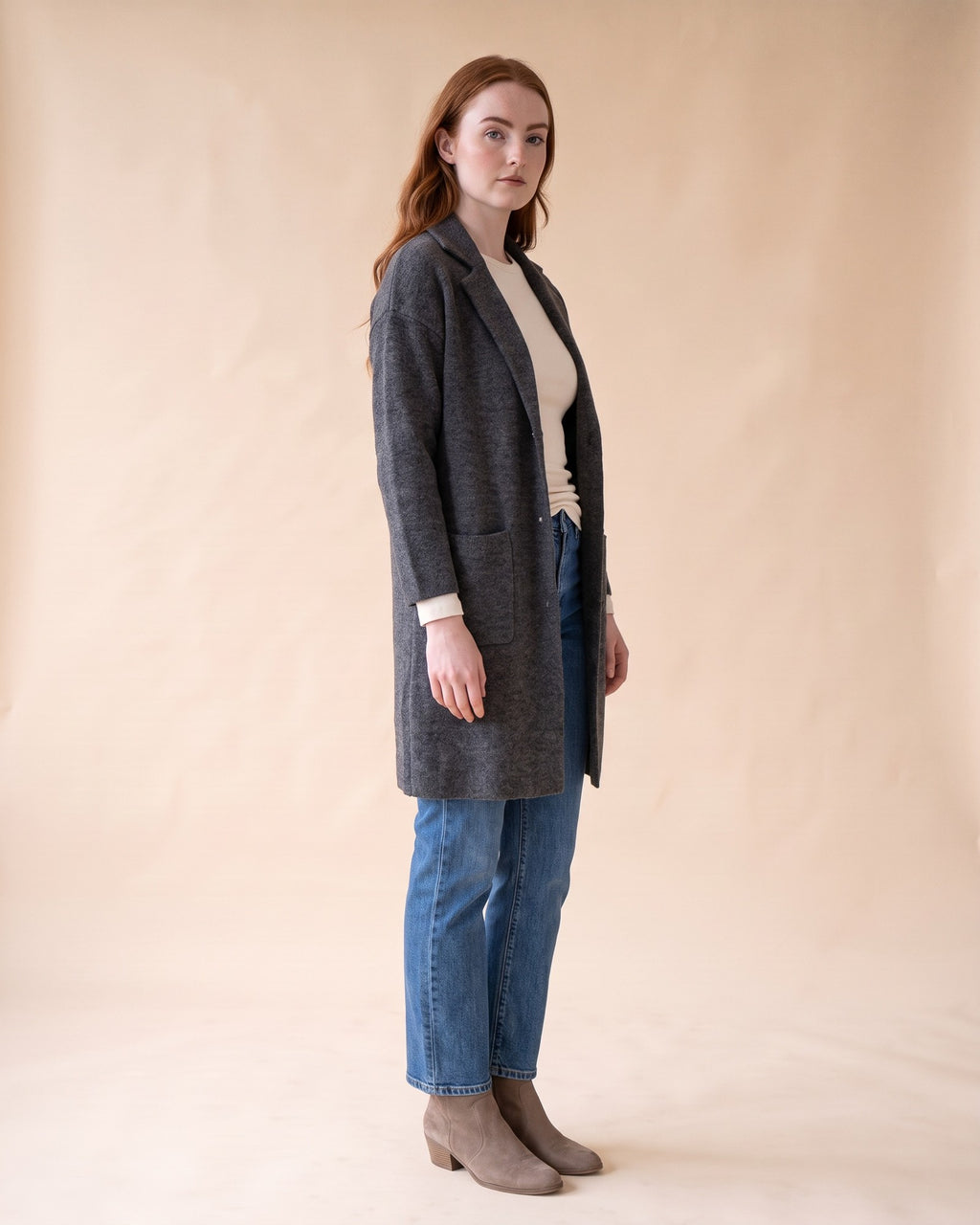 Notched Collar Cardigan in Dark Grey, full-length side view on model