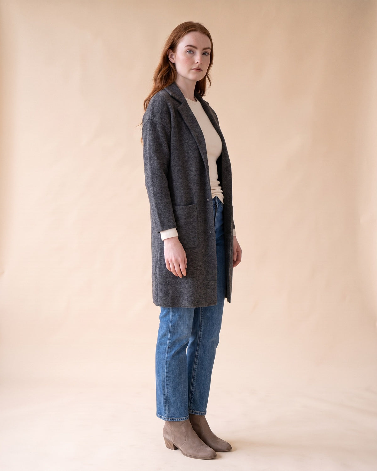 Notched Collar Cardigan in Dark Grey, full-length side view on model