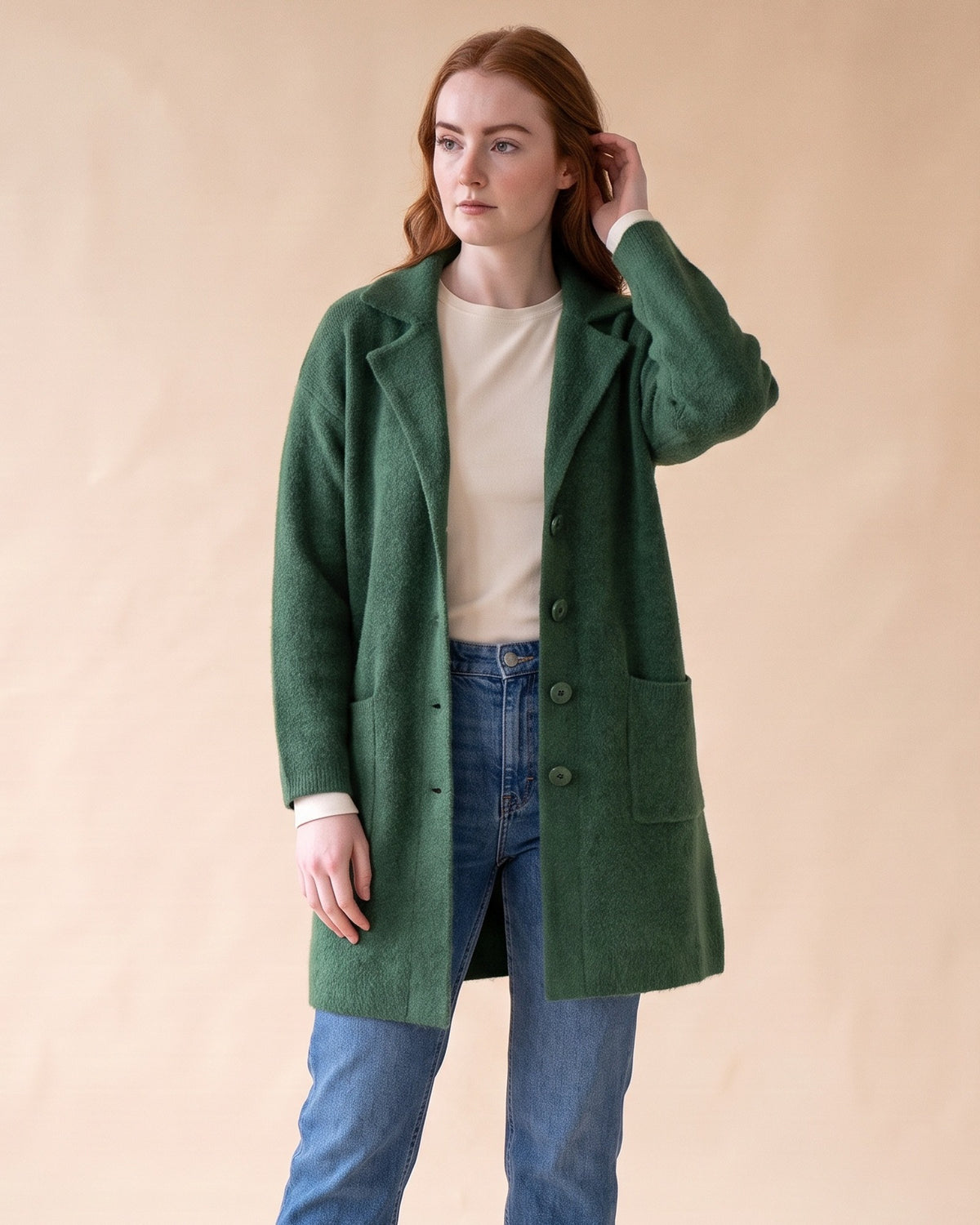 Notched Collar Cardigan in Green, front view on model