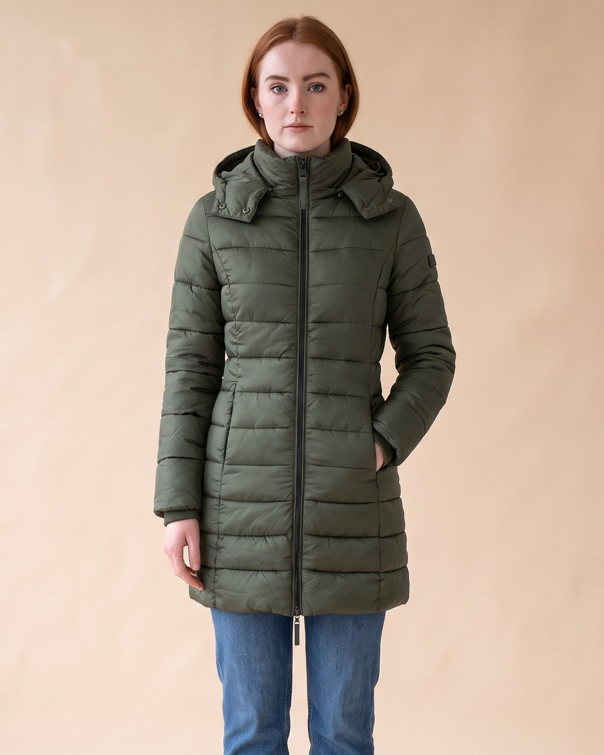 Long Quilted Puffer in Green, front view on model