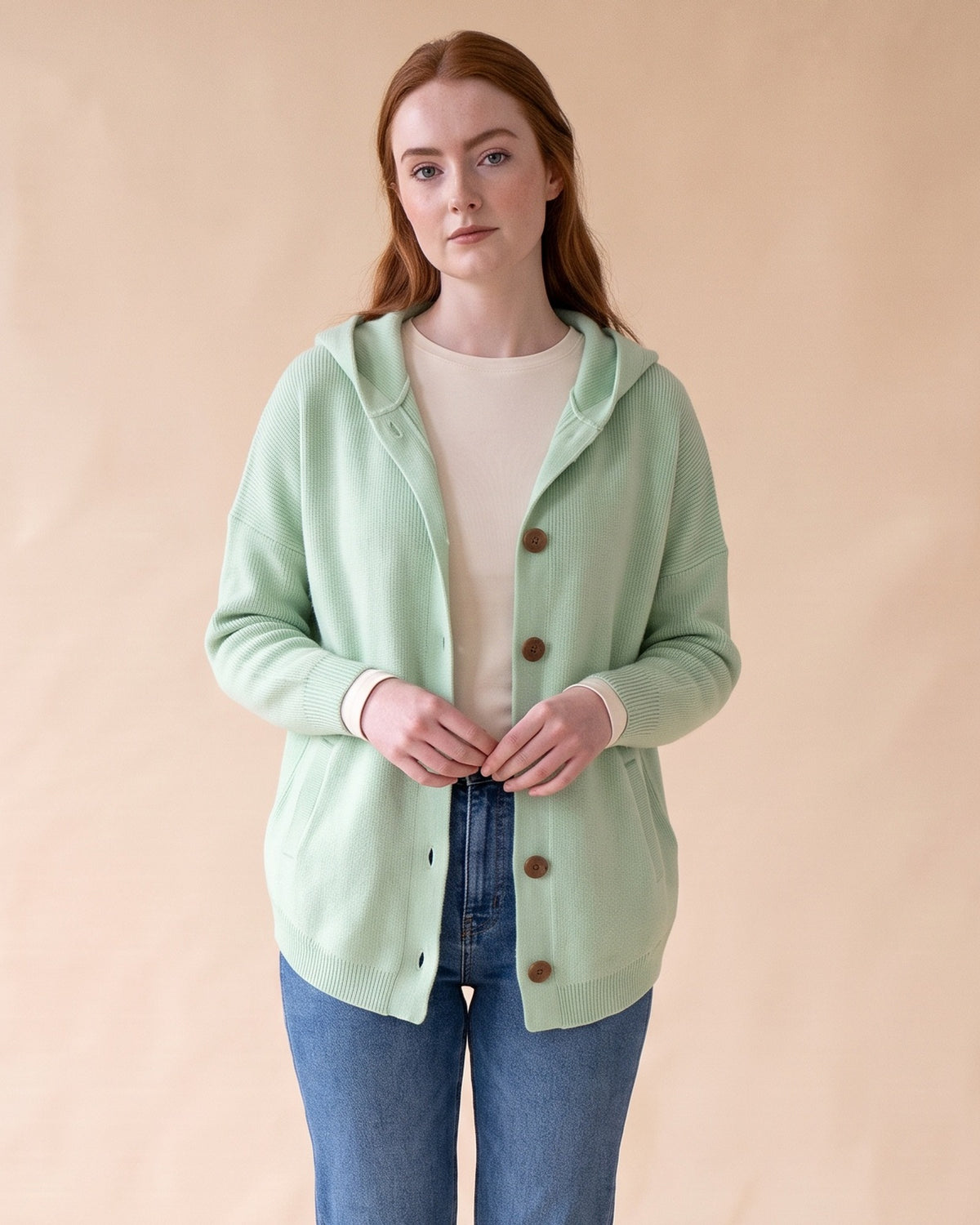 Hooded Button Cardigan in Green, front view on model