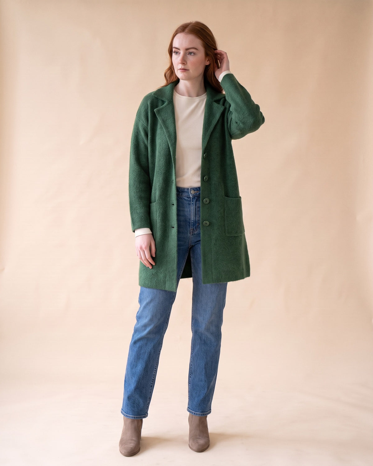 Notched Collar Cardigan in Green, full-length front view on model