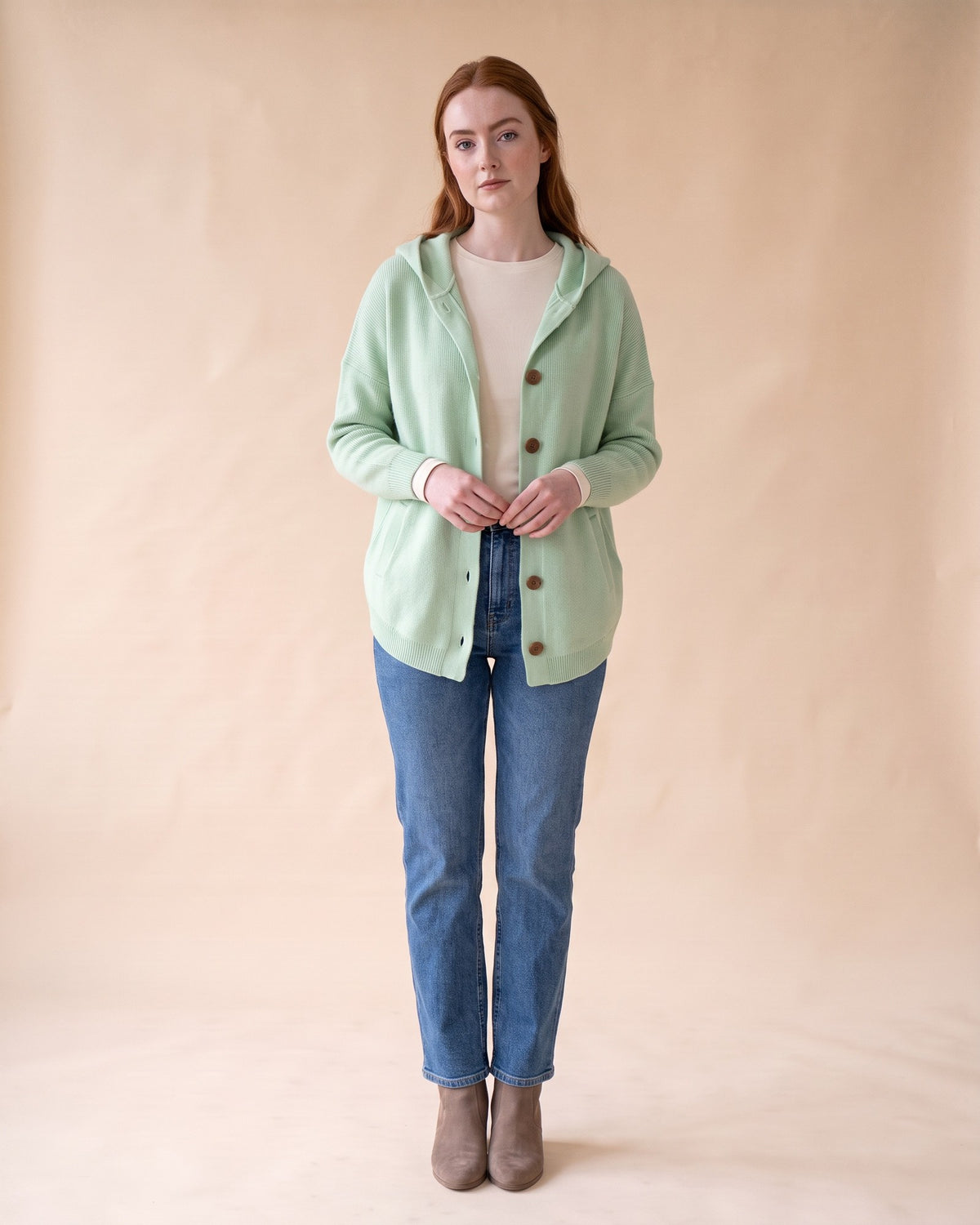 Hooded Button Cardigan in Green, full-length front view on model