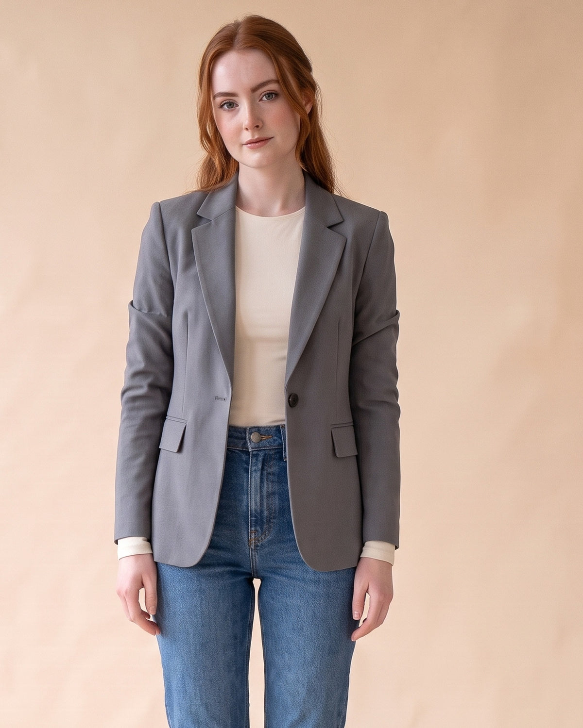 Classic Fitted Blazer in Grey, front view on model