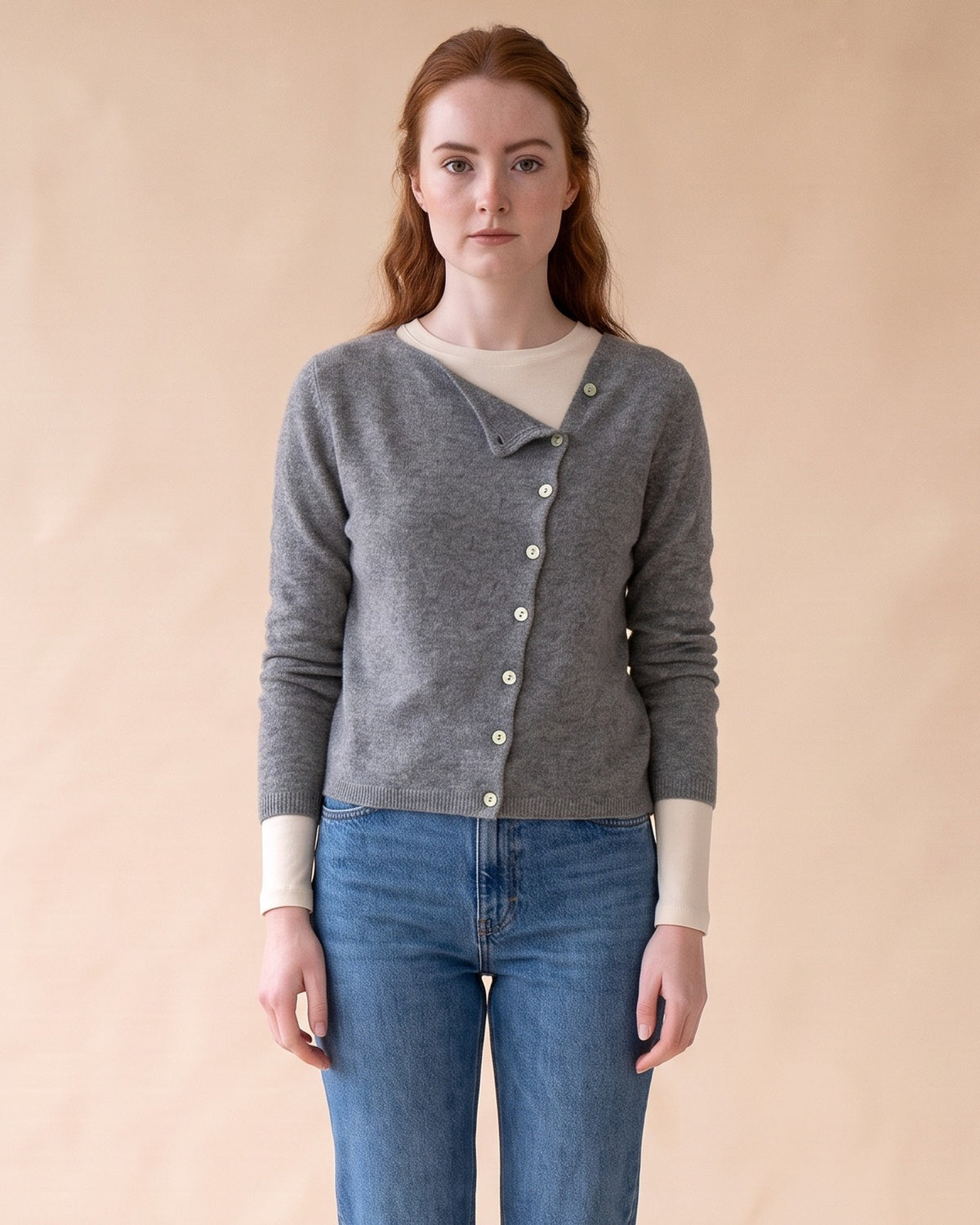 Asymmetric V-Neck Cardigan in Grey, front view on model