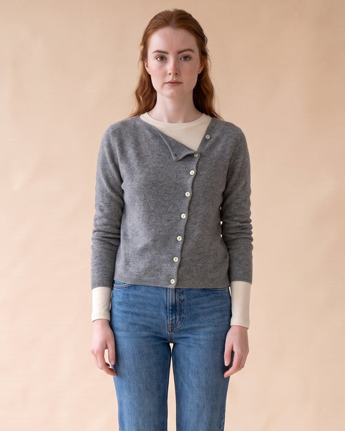 Asymmetric V-Neck Cardigan in Grey, front view on model