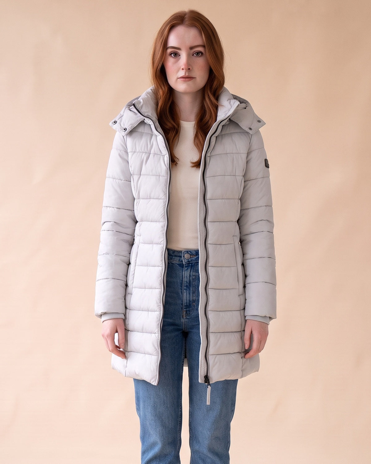 Long Quilted Puffer in Grey, front view on model