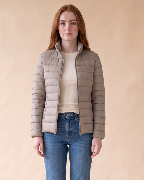 Lightweight Puffer Jacket in Grey, front view on model