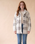 Plush Sherpa Shacket in Grey, front view on model