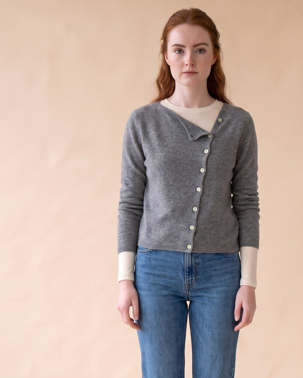Asymmetric V-Neck Cardigan in Grey, front view on model