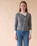 Asymmetric V-Neck Cardigan in Grey, front view on model