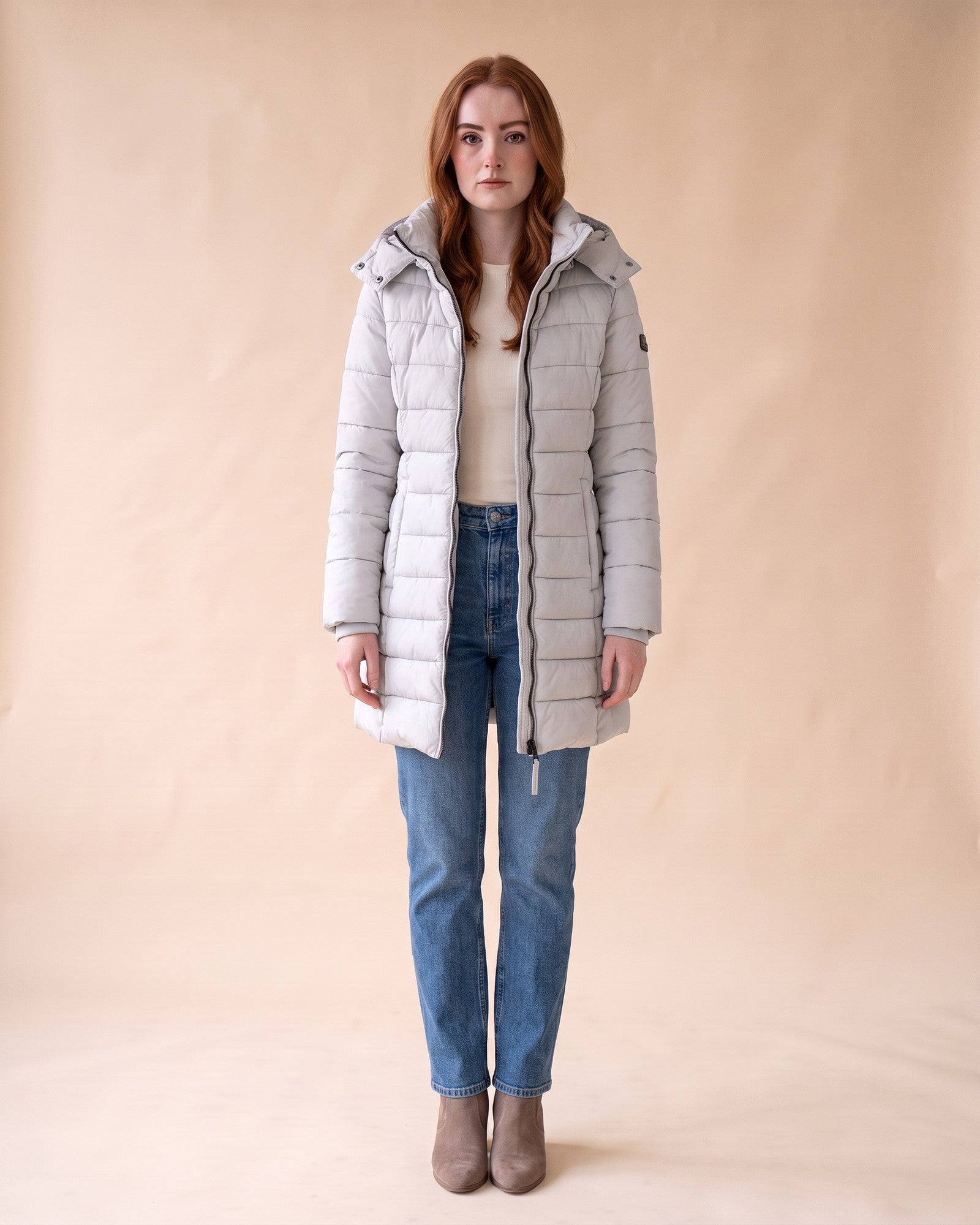 Long Quilted Puffer in Grey, full-length front view on model