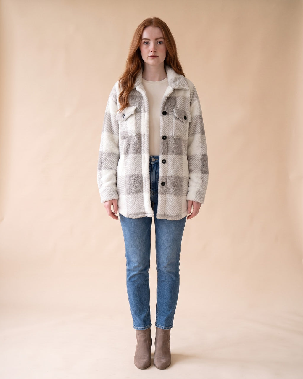 Plush Sherpa Shacket in Grey, full-length front view on model