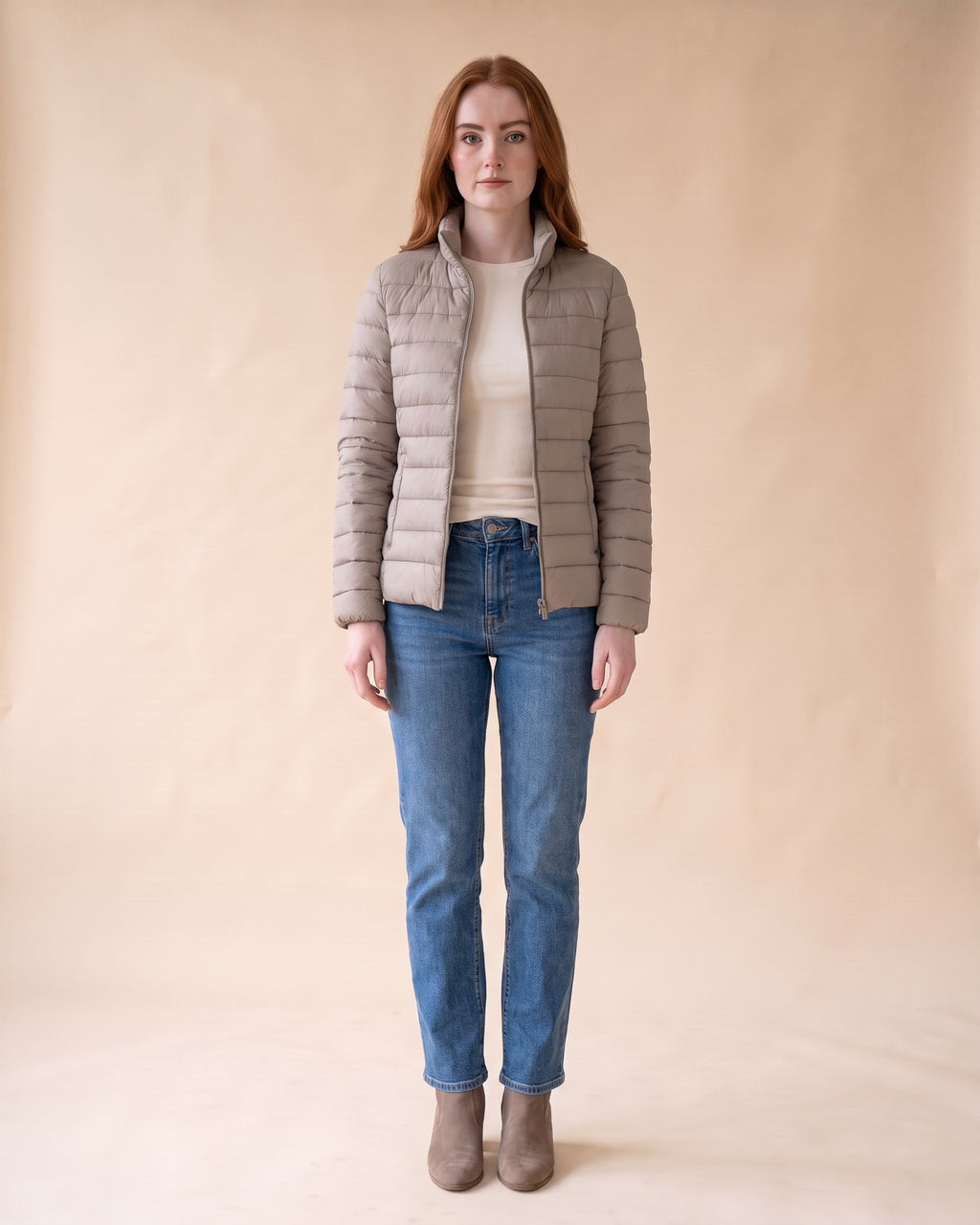 Lightweight Puffer Jacket in Grey, full-length front view on model